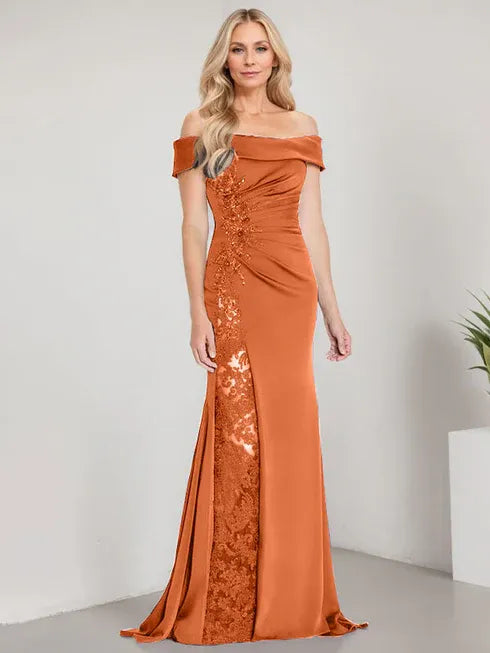 A-Line Off-the-Shoulder Floor-Length Mother of the Bride Dress Applique Beadings Mermaid Dress With High Split
