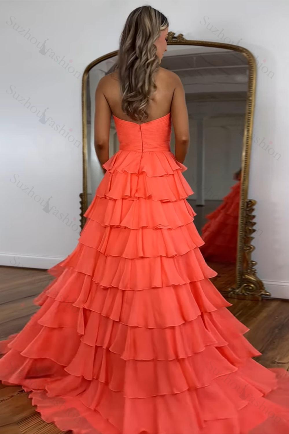 Orange Prom Dress A Line Sweetheart Long Formal Dress With Ruffles