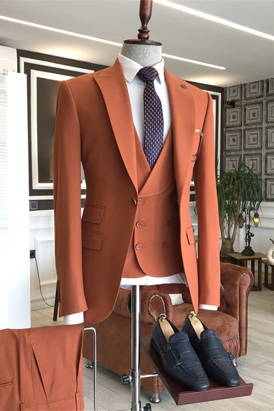 Orange Three Piece Peaked Lapel Prom Suit