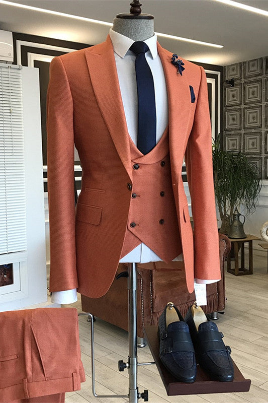 Orange Three Piece Peaked Lapel Prom Suit