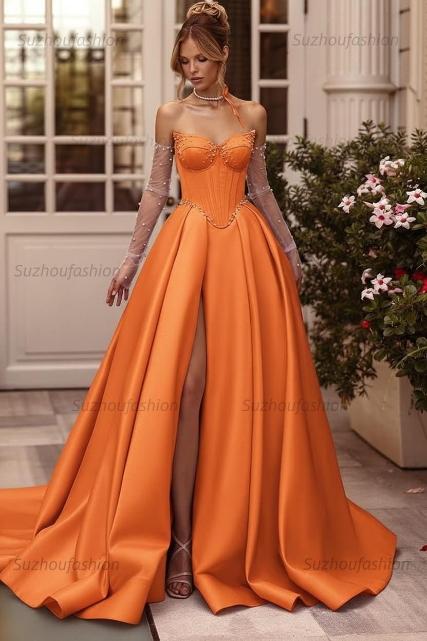 Lilac Prom Dress Beaded A Line Sweetheart Corset Evening Dress with Slit