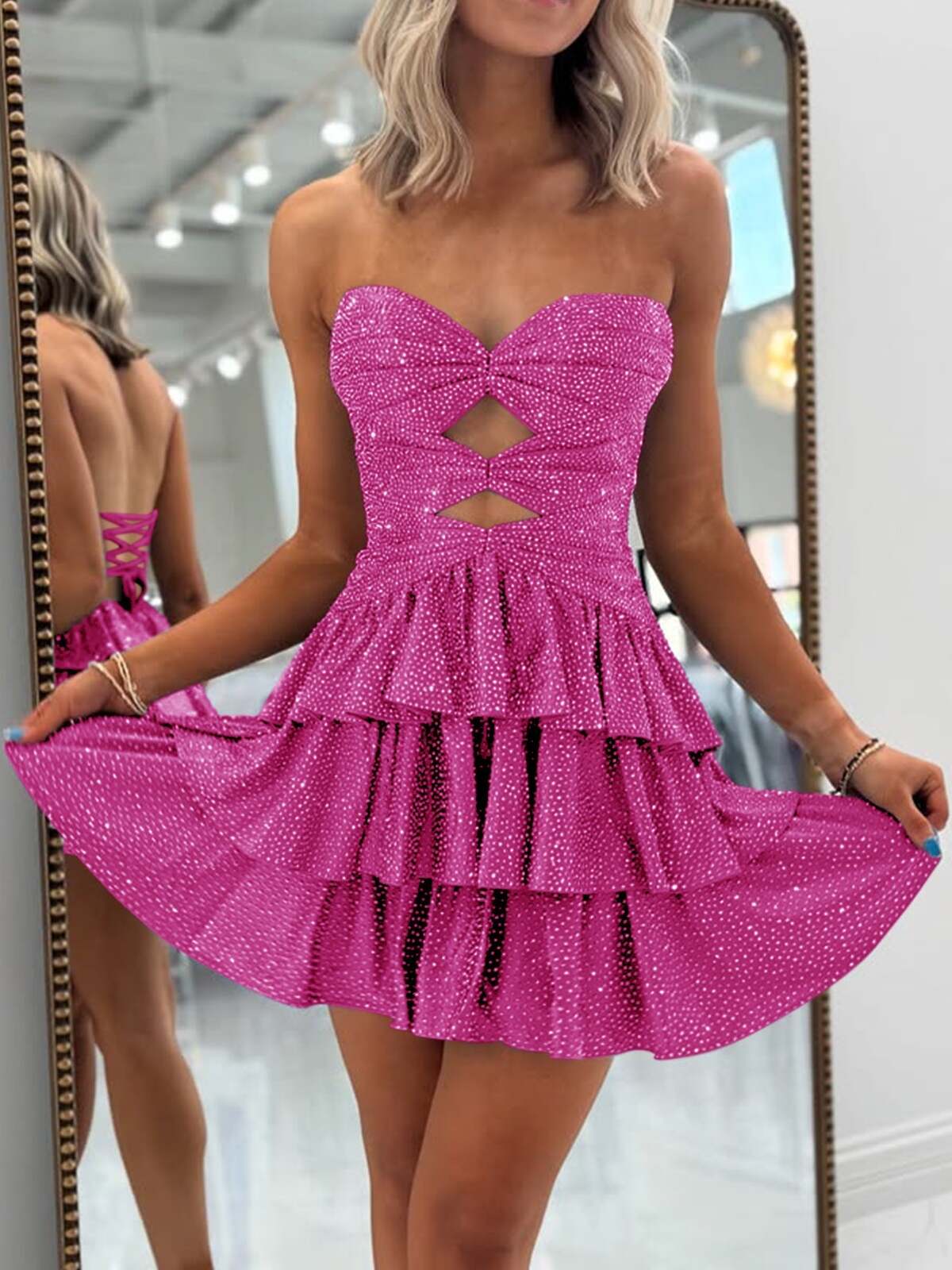 A-Line Strapless Sweetheart Satin Short Homecoming Dress with Keyhole