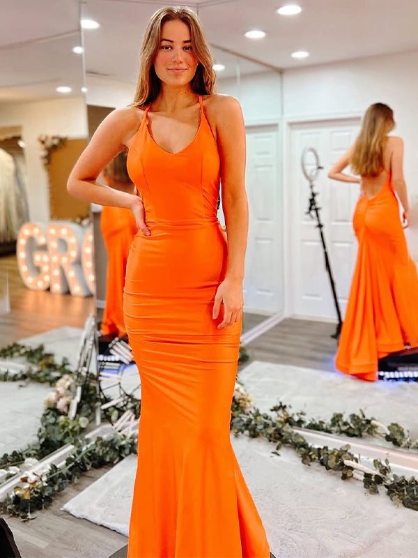 Orange Mermaid Halter Satin Long Prom Dress