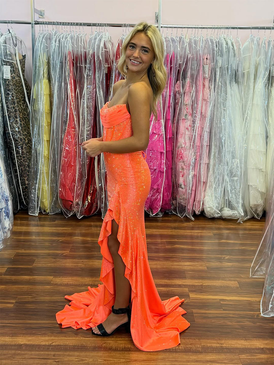 Orange Mermaid Strapless Long Prom Dress with Beads