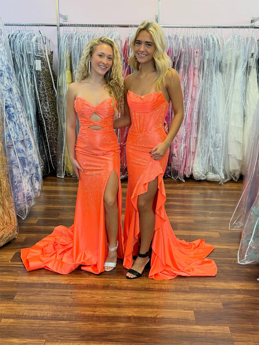 Orange Mermaid Strapless Long Prom Dress with Beads