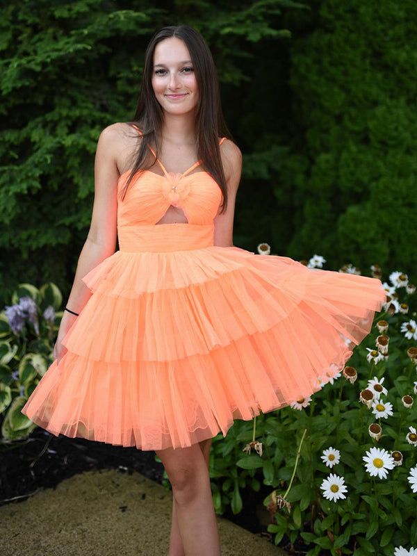 Spaghetti Straps A-Line Tulle Tiered Short Homecoming Dress