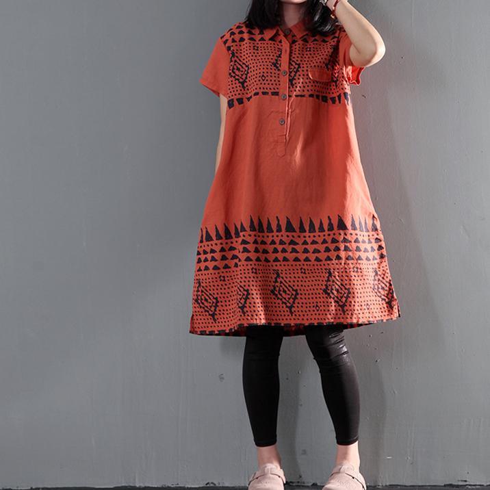 Orange print floral linen shift dress summer shirt dresses plus size