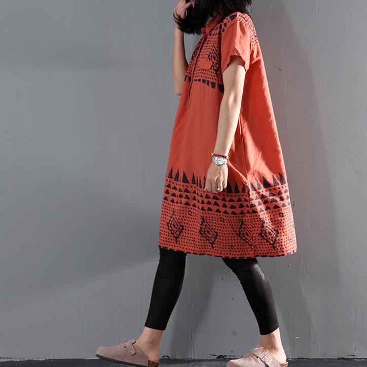 Orange print floral linen shift dress summer shirt dresses plus size