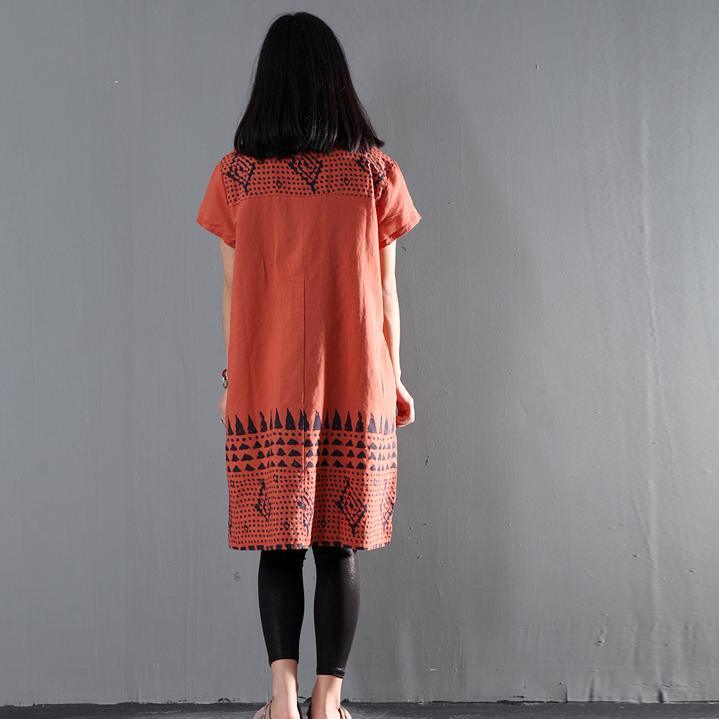 Orange print floral linen shift dress summer shirt dresses plus size
