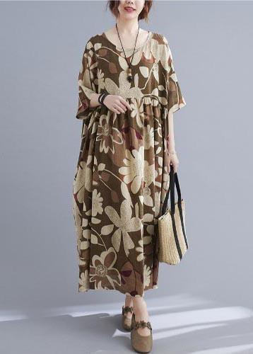 Organic Black Print O-Neck Linen Cotton Maxi Summer Cotton Dress