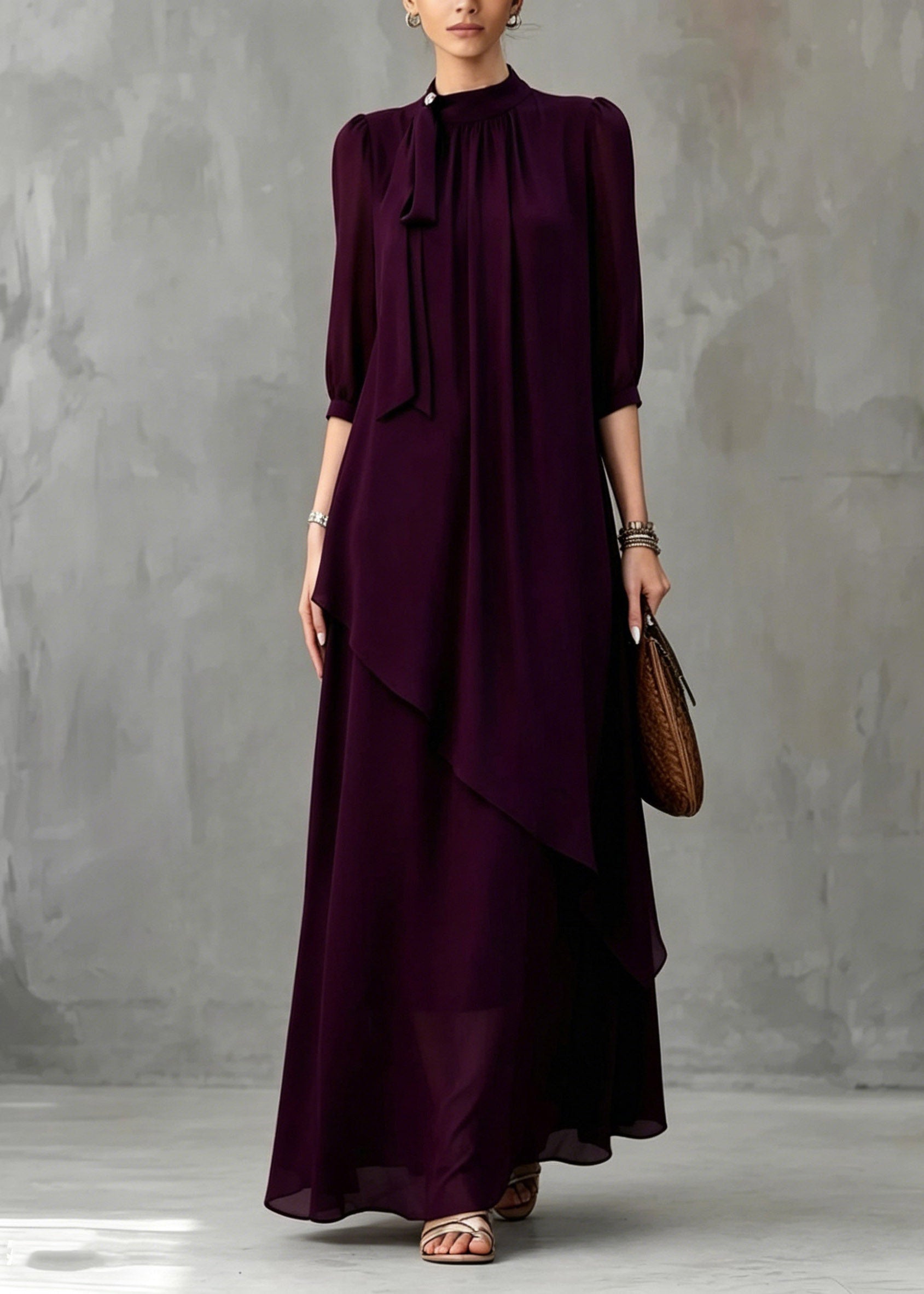 Organic Dark Purple Stand Collar Solid Maxi Dress Half Sleeve
