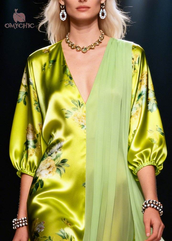 Organic Grass Green Asymmetrical Patchwork Silk Ankle Dress Summer