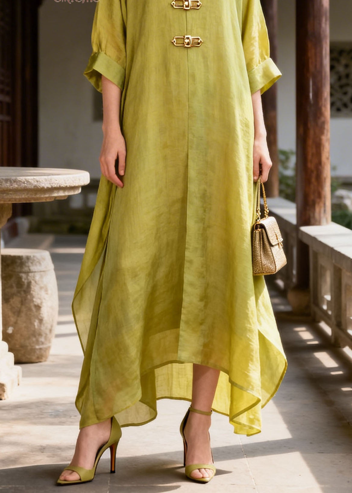 Organic Green V Neck Patchwork Cotton Long Dresses Summer