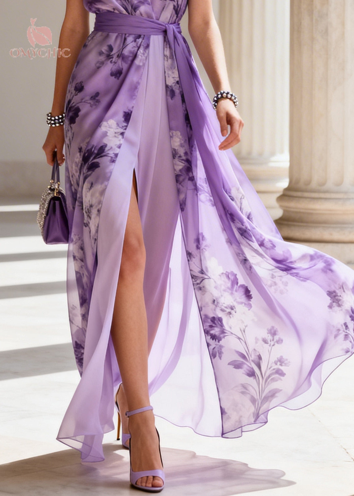 Organic Lavender Tie Waist Print Chiffon Vacation Dress Summer