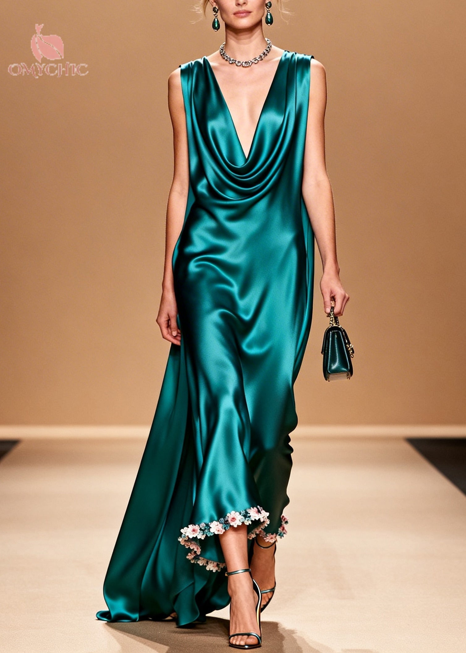Organic Peacock Green Turtle Neck Floral Silk Maxi Dress Summer