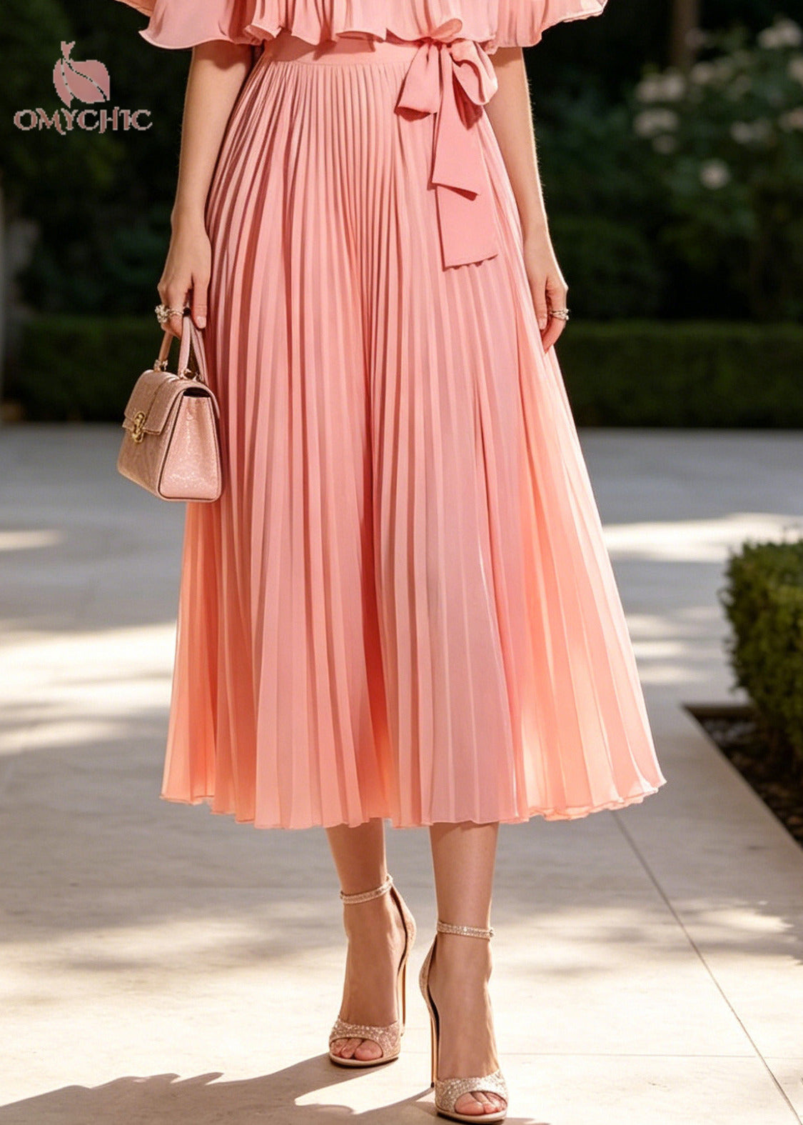 Organic Pink Tie Waist Wrinkled Chiffon Long Dresses Cloak Sleeves