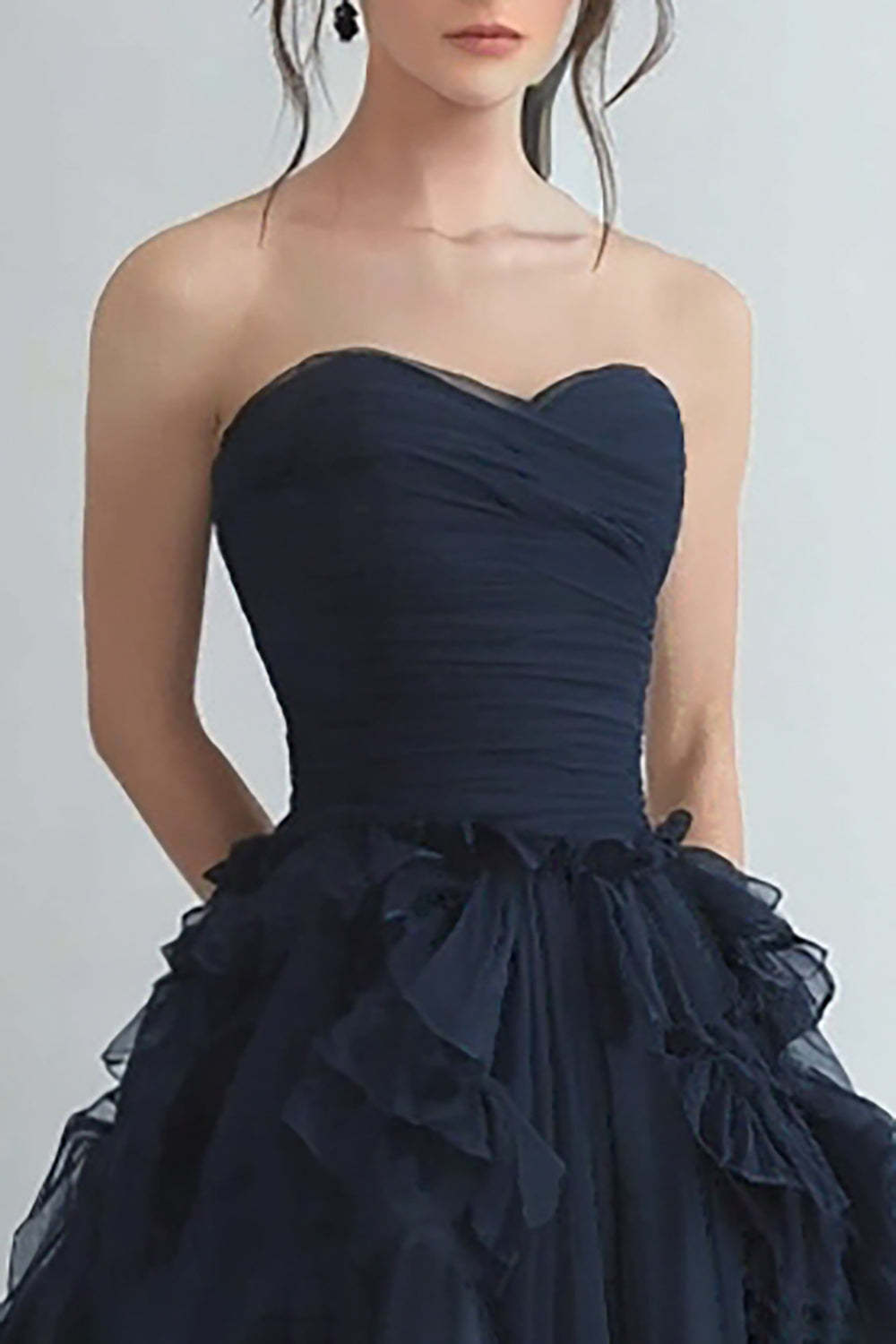 Organza Navy Wedding Guest Dress Strapless A Line Formal Dress With Ruffles