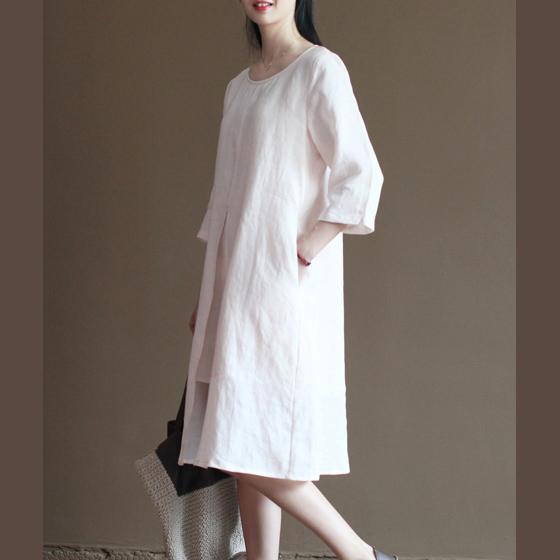 Original design pink linen sundress summer half sleeve dresses