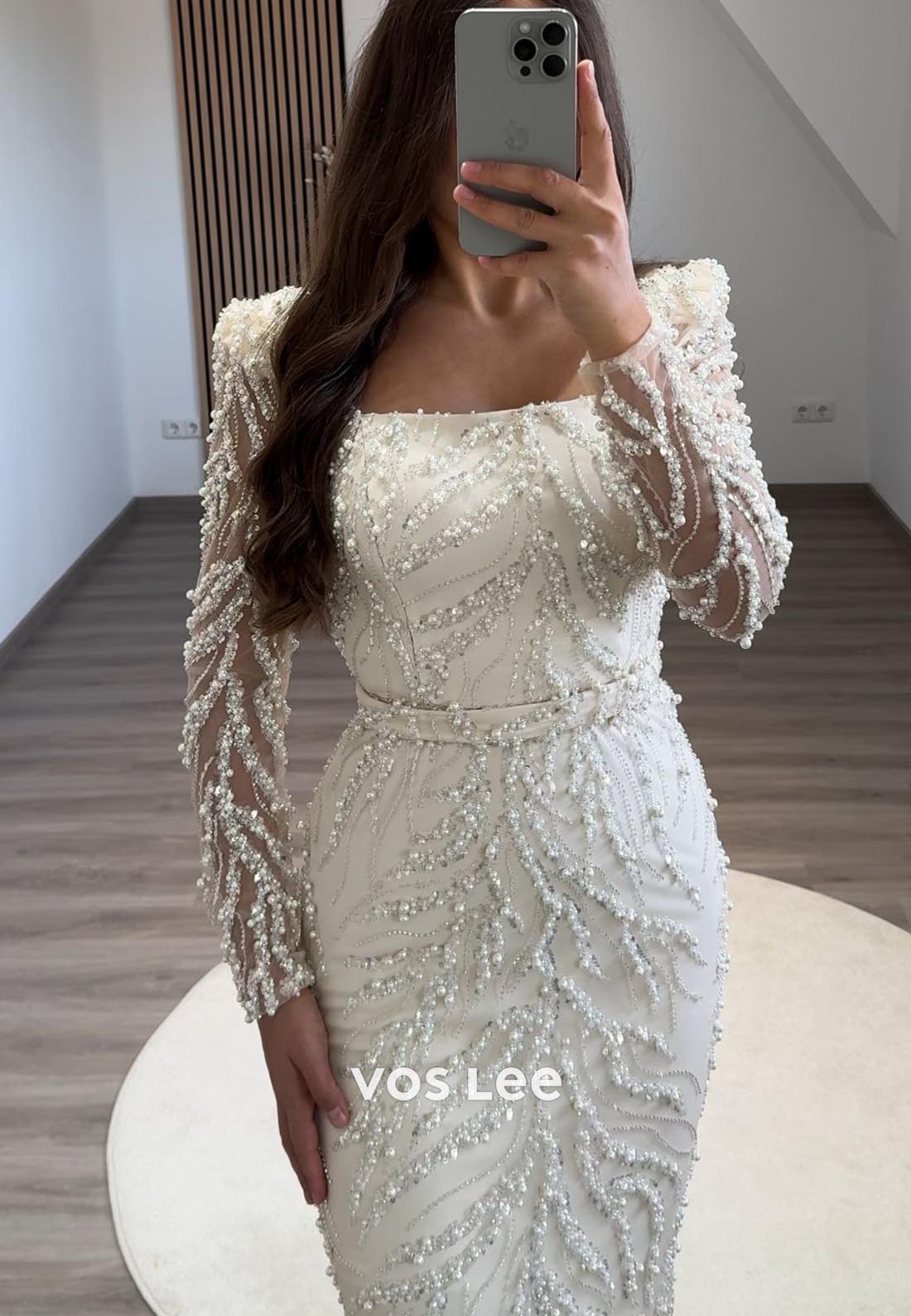 Tea-Length Square Beading Long Sleeve Formal Dresses