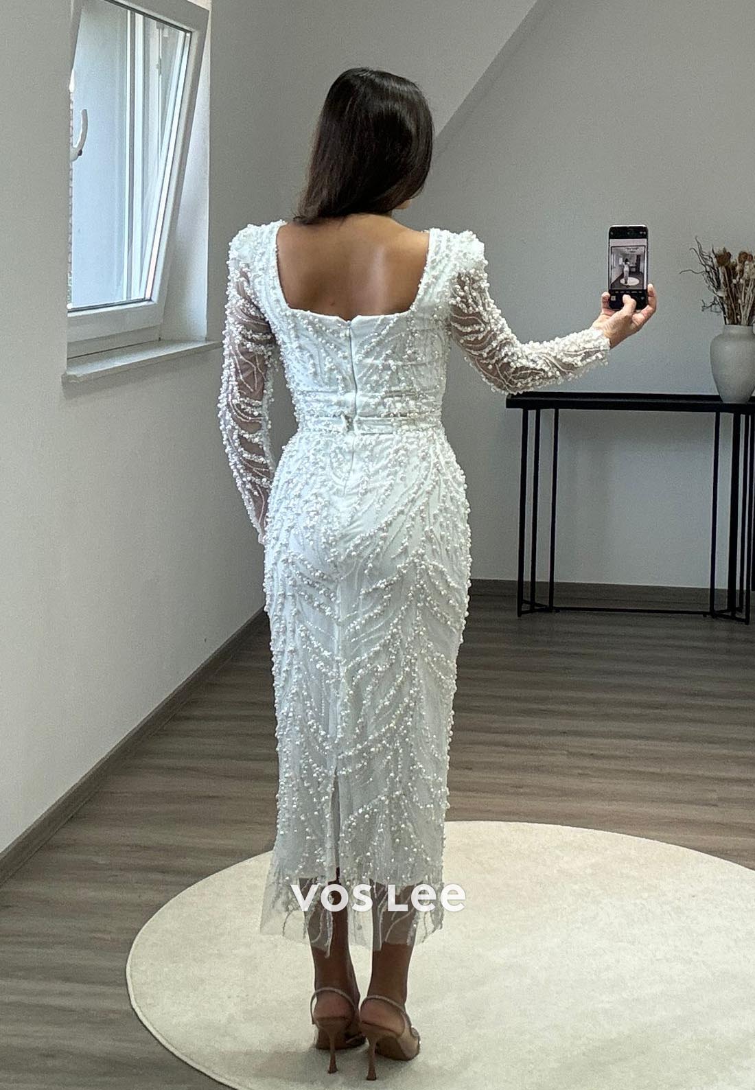 Tea-Length Square Beading Long Sleeve Formal Dresses