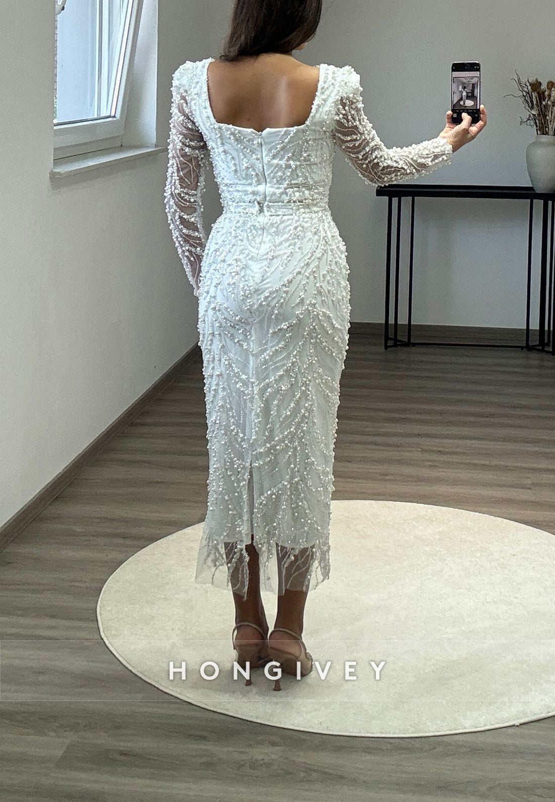 Tea-Length Square Beading Long Sleeve Formal Dresses
