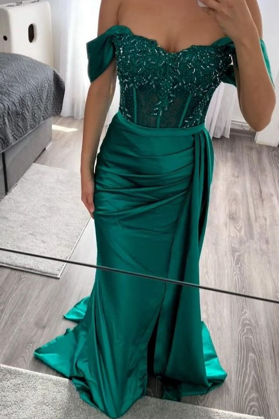 Elegant Off The Shoulder Green Prom Dress,Green Evening Dress