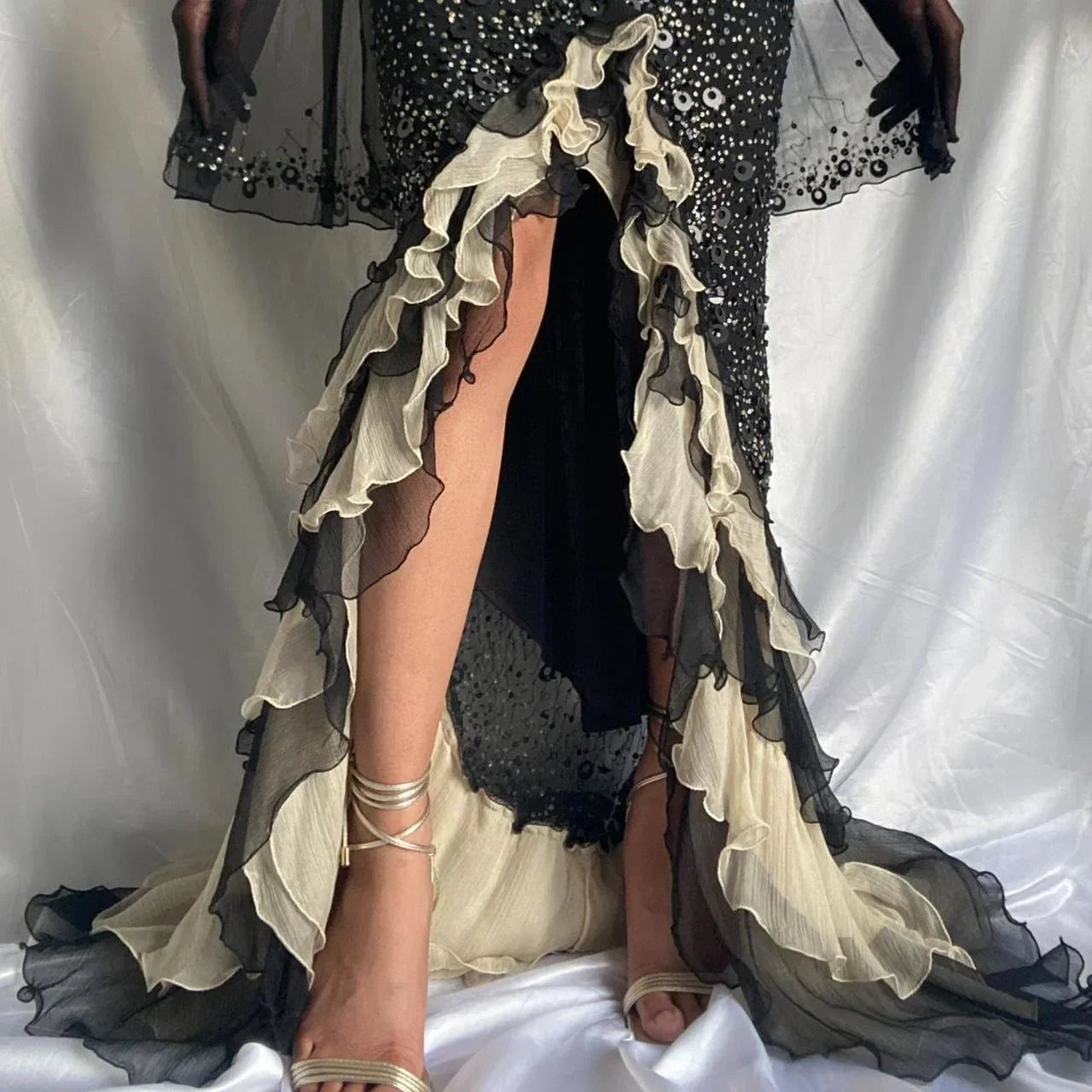 Sparkly Sequins Beaded Ruffles Mermaid Prom Dress Black Party Evening Dress - View 8 | FashionDia