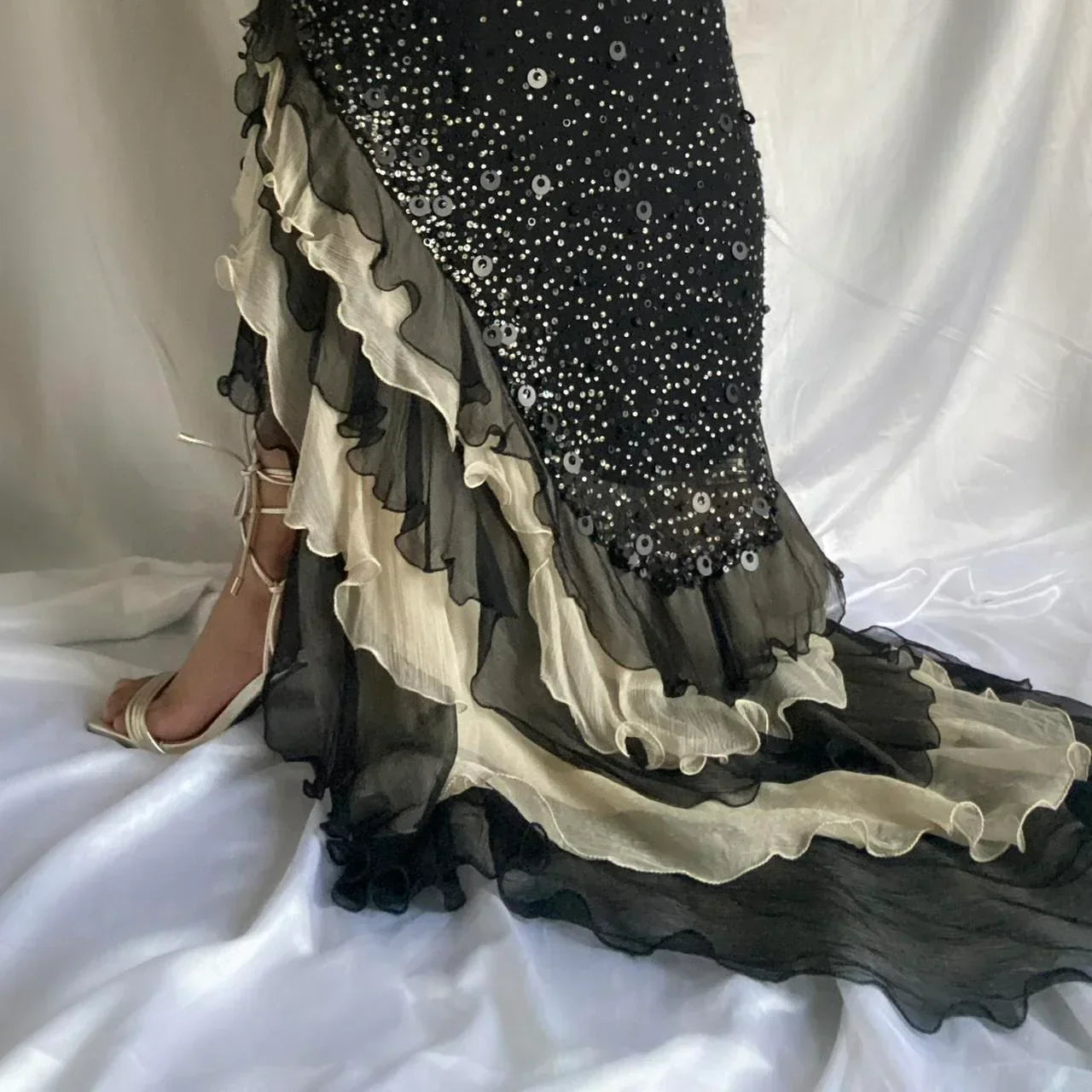 Sparkly Sequins Beaded Ruffles Mermaid Prom Dress Black Party Evening Dress - View 9 | FashionDia