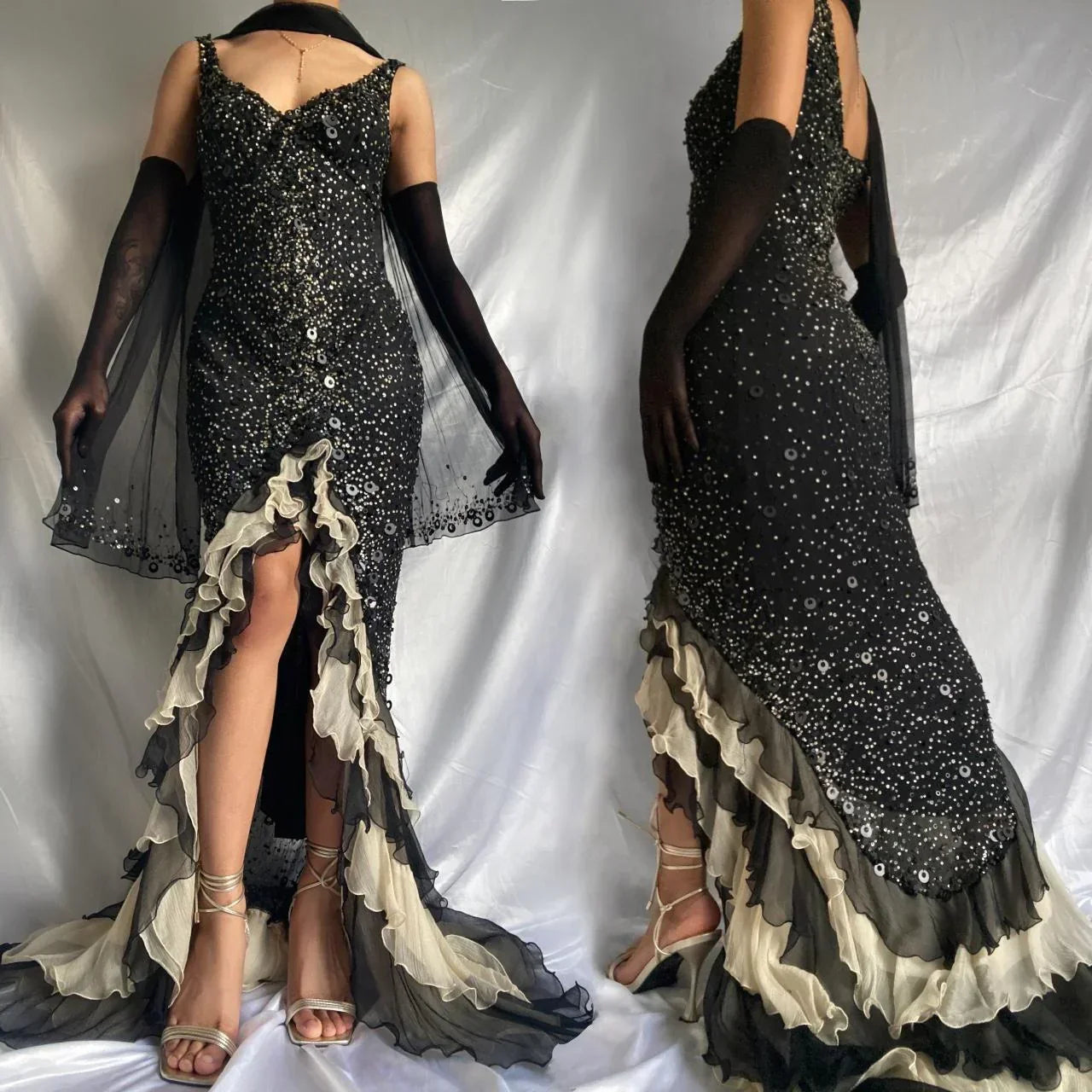 Sparkly Sequins Beaded Ruffles Mermaid Prom Dress Black Party Evening Dress - View 6 | FashionDia