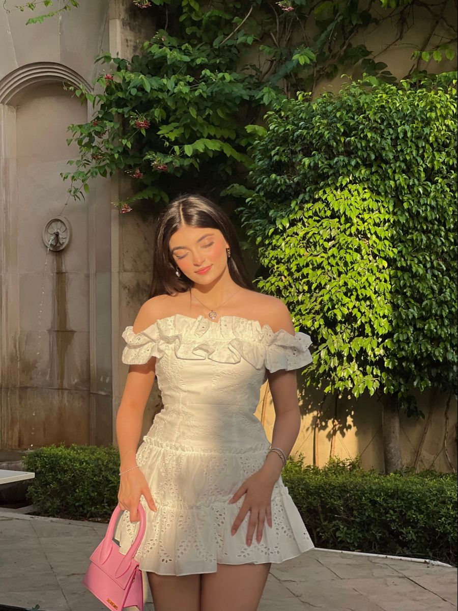 Sweet White One-shoulder Neckline Ruffled Hollow Embroidery A-line Birthday Skirt Homecoming Dress