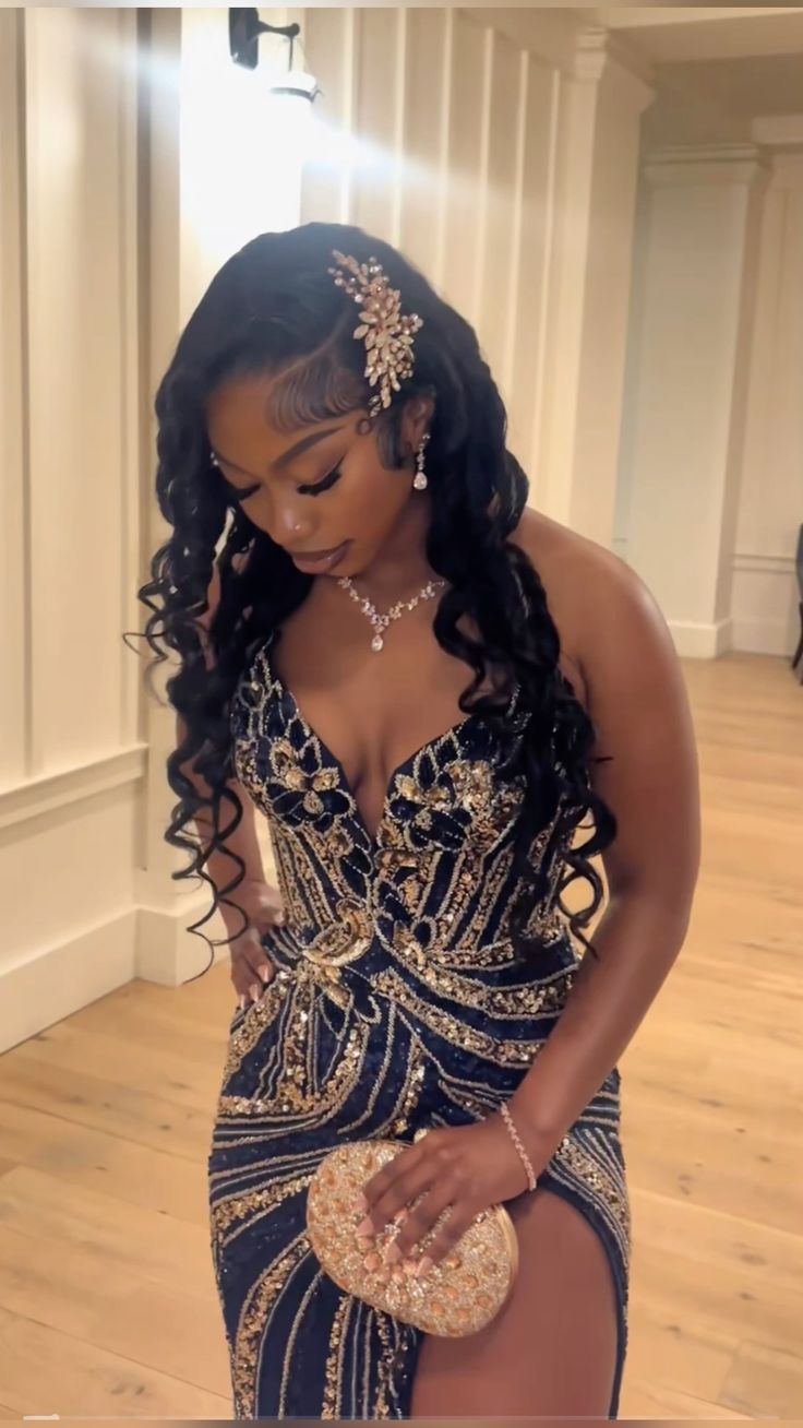 Vintage Navy Blue And Gold High Slit Deep V-Neck Sequined Long Prom & Evening Dress - FashionDia