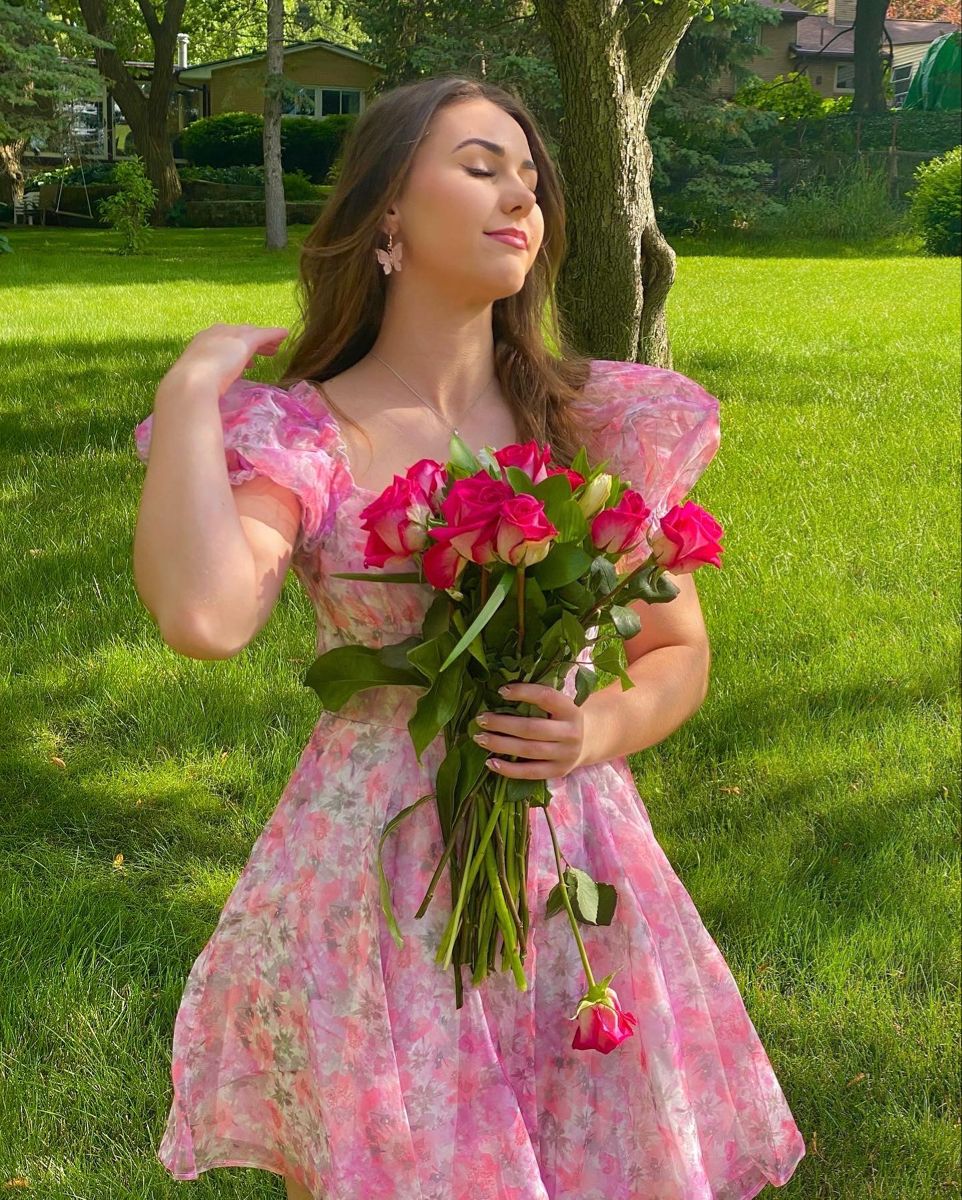 Sweet Pink Printed Puff Sleeve Waist Tulle Birthday Party Homecoming Dress - View 3 | FashionDia