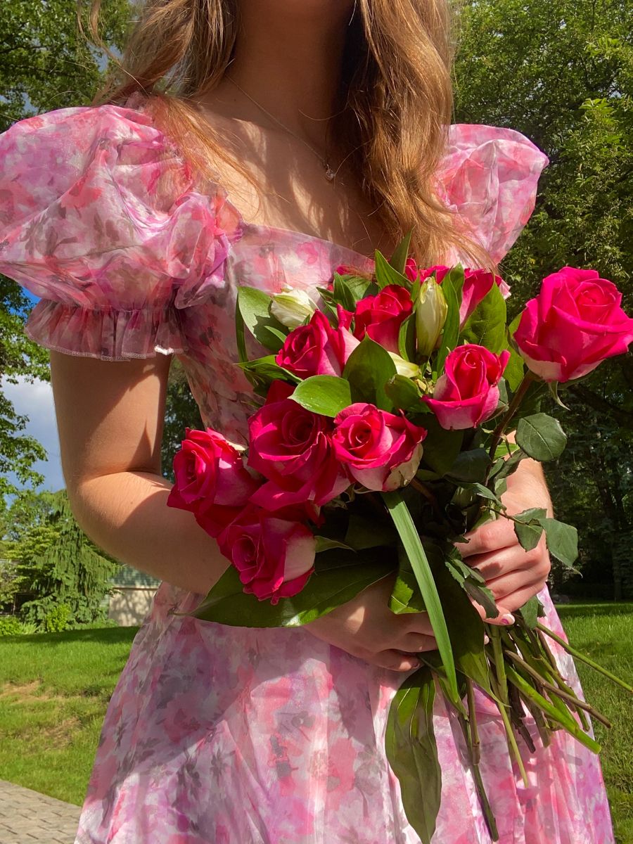 Sweet Pink Printed Puff Sleeve Waist Tulle Birthday Party Homecoming Dress - View 4 | FashionDia