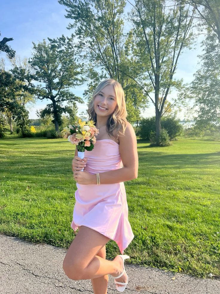 Sweet Light Pink Pleated Slim Satin Irregular Birthday Dress Homecoming Dress