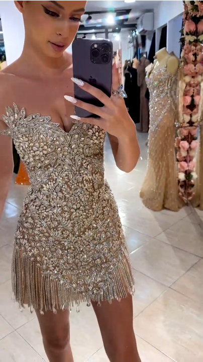 Gorgeous Silver Rhinestone Bandeau V-Neck Tassel Slim Birthday Homecoming Dress - FashionDia