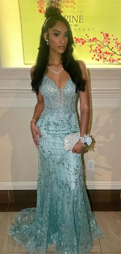 Elegant Mint Green Mermaid Deep V Backless Mesh Sequin Long Prom Dress Evening Dress