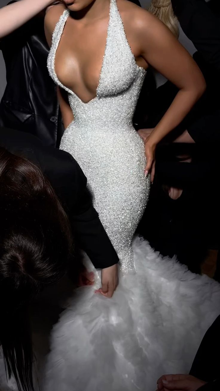 Fantasy White Mermaid Halter Neck Deep V Sequined Train Prom & Evening Dress - View 2 | FashionDia