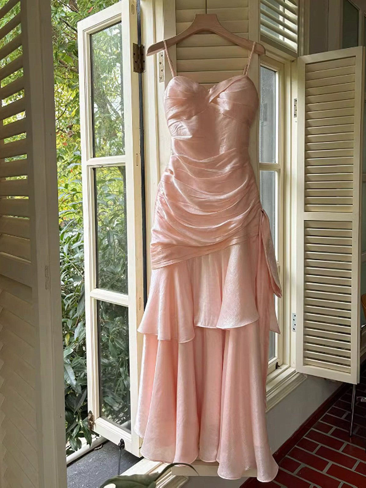 Sweet Pink Mermaid Strapless Pleated Tiered Satin Prom Dress Evening Dress Bridesmaid Dress