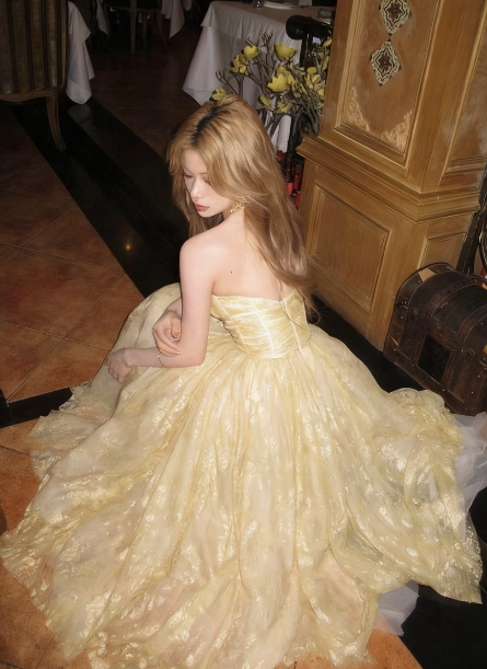 Princess Light Yellow A-Line Tube Top Tulle Long Prom & Evening Dress 18th Birthday Dress - View 2 | FashionDia
