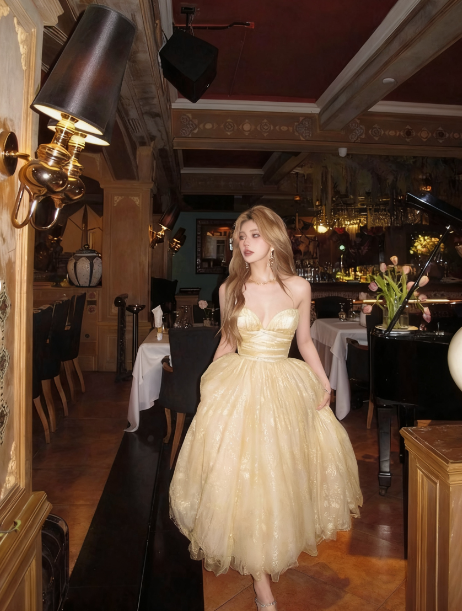 Princess Light Yellow A-Line Tube Top Tulle Long Prom & Evening Dress 18th Birthday Dress - View 4 | FashionDia