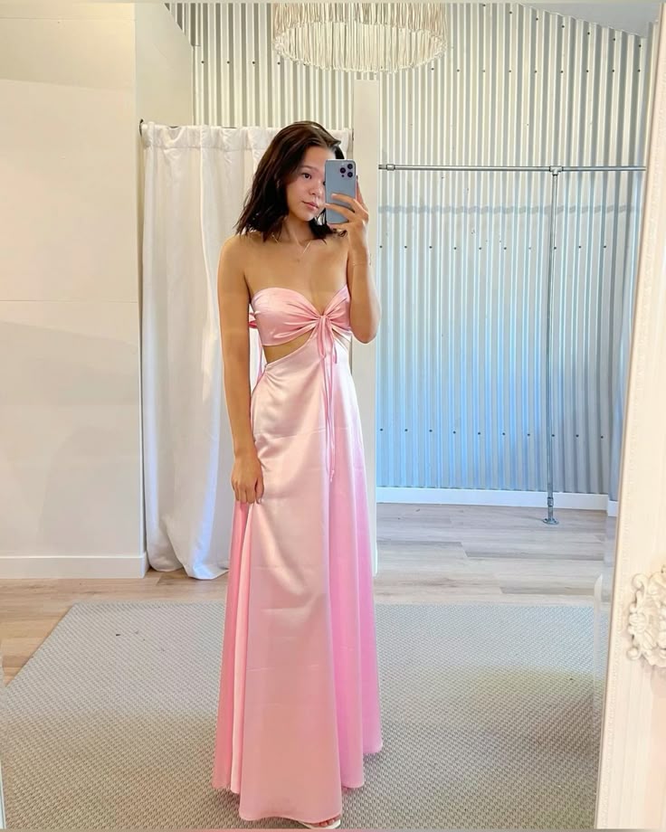 Sweet Pink Slim-fit Tube Top Side Waist Hollow Satin Long Prom Dress Evening Dress Bridesmaid Dress