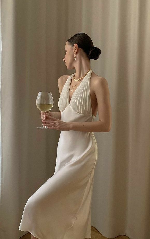 Elegant Ivory White Slim Halter Neck Deep V neck Satin Prom Dress Evening Dress