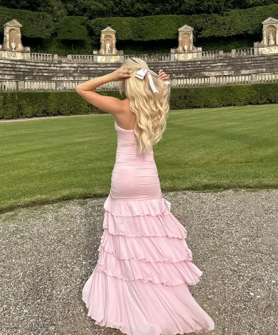 Sweet Pink Chiffon Strapless Evening Dress Multi-Layered Slit Prom Party Dress - View 4 | FashionDia