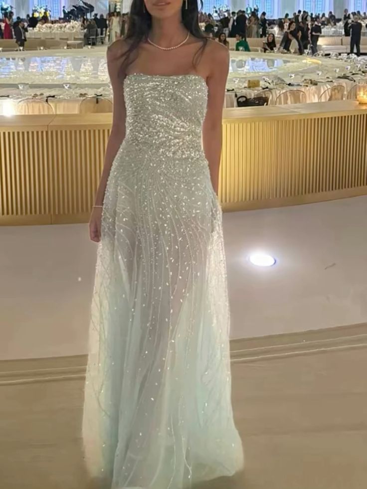 Shimmering Light Blue Fitted Strapless Sequined Tulle Long Prom Dress Evening Dress
