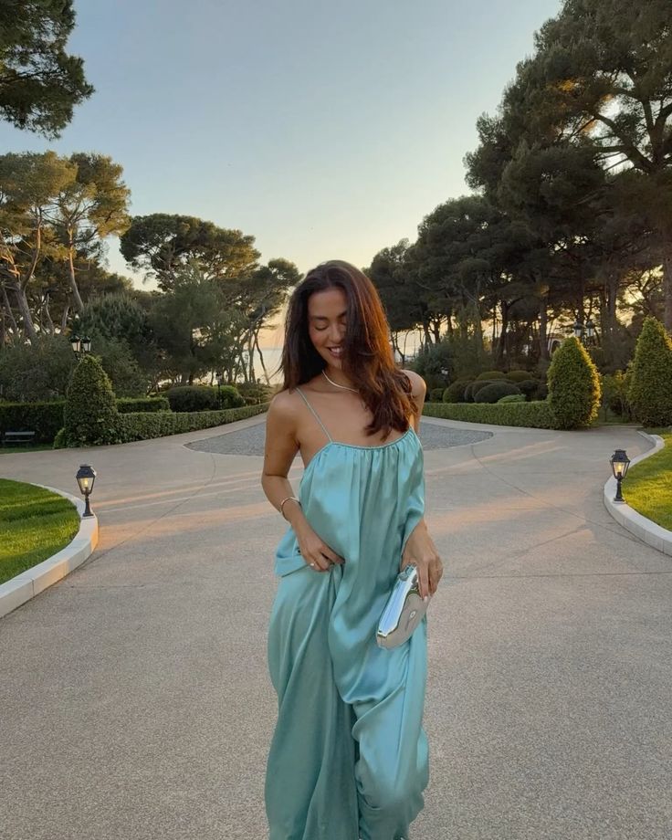 Relaxed Mint Green Loose Spaghetti Strap Backless Satin Long Prom Dress Evening Dress