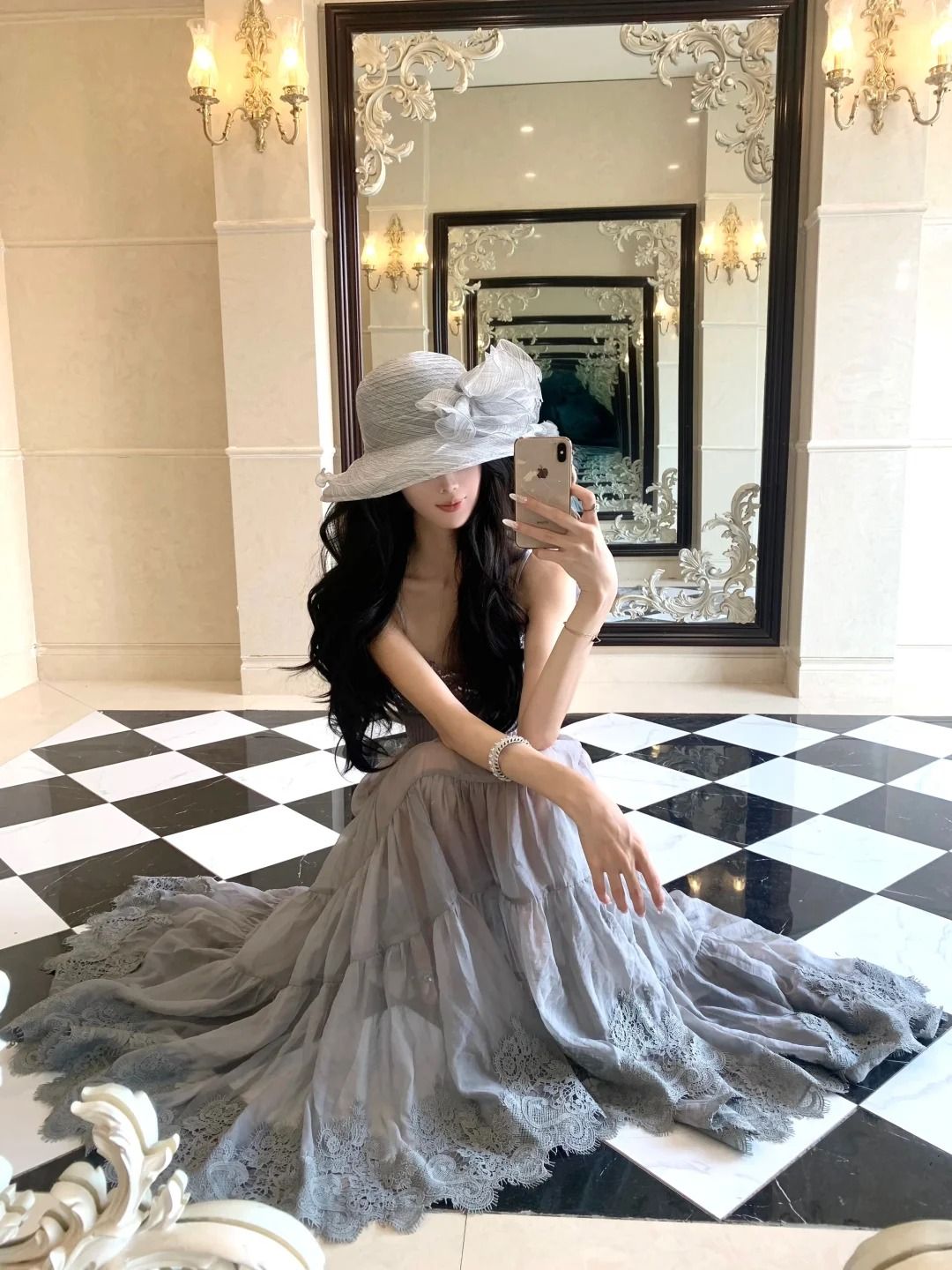 Elegant Smoky Gray A-Line Spaghetti Strap Sequined Lace Long Prom & Evening Dress - View 3 | FashionDia