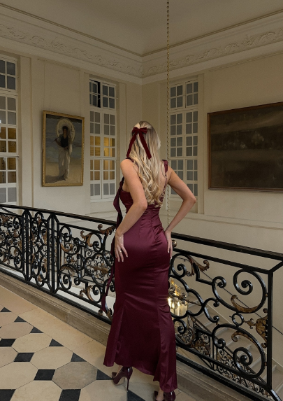 Elegant Burgundy Mermaid Ruffled Satin Long Prom & Evening Dress Bridesmaid Dress - View 3 | FashionDia