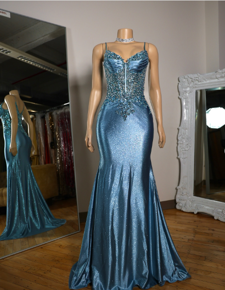 Elegant Blue Mermaid Deep V Halter Beaded Satin Long Prom & Evening Dress - View 3 | FashionDia