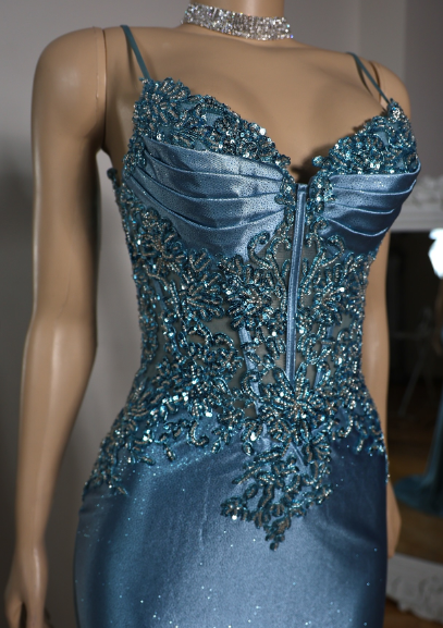 Elegant Blue Mermaid Deep V Halter Beaded Satin Long Prom & Evening Dress - View 4 | FashionDia