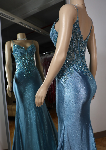 Elegant Blue Mermaid Deep V Halter Beaded Satin Long Prom & Evening Dress - View 5 | FashionDia